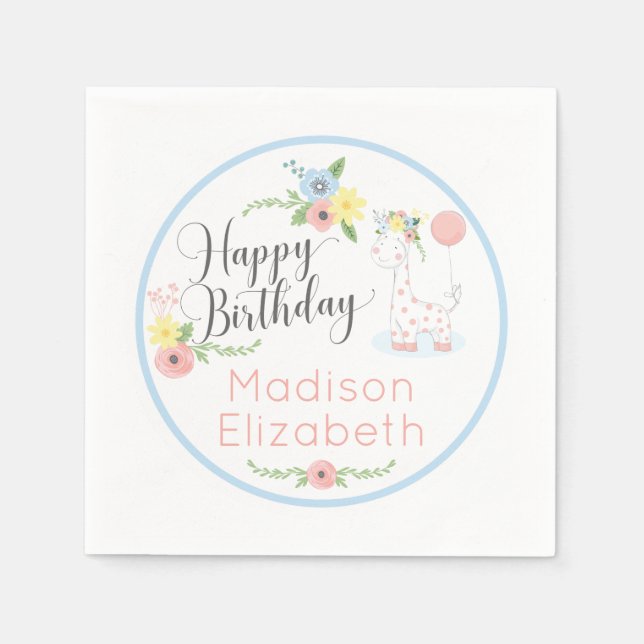 Baby Giraffe Pink Floral Happy 1st Birthday Party Napkins (Front)