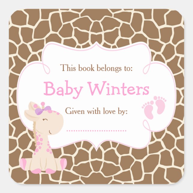 Baby Giraffe Pink Girl Shower Bookplate (Front)
