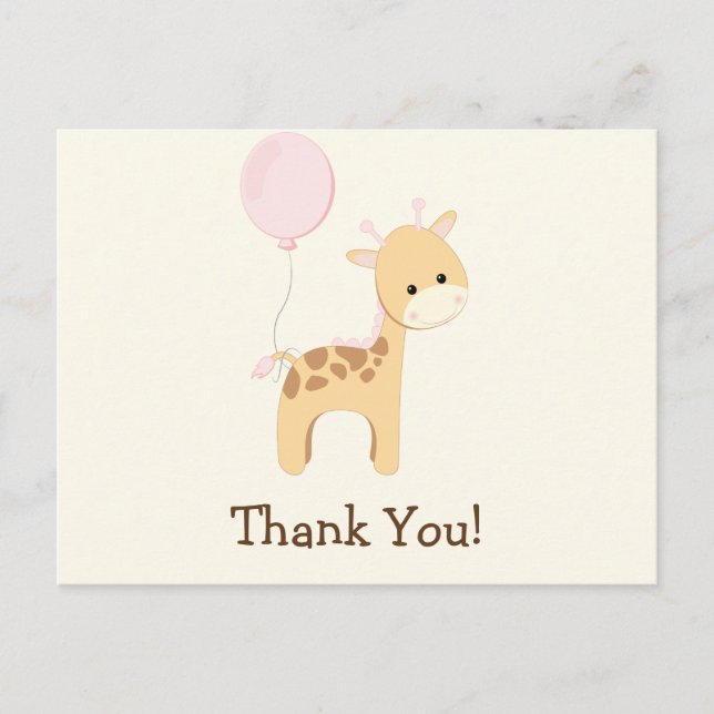 Baby Giraffe, Pink, Jungle Animal Thank You Postcard (Front)