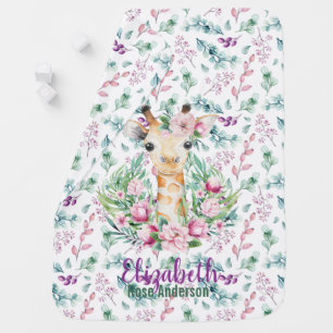 Baby GIRAFFE Purple Mint Flowers Named Swaddle Baby Blanket