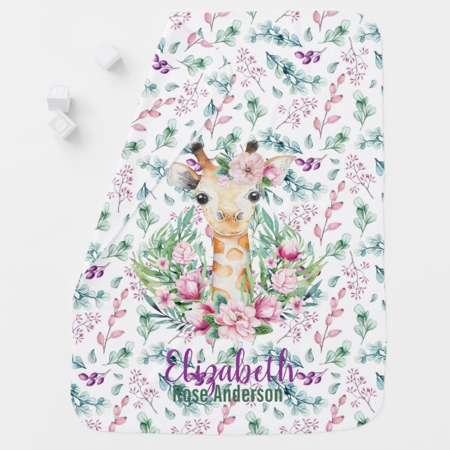 Baby GIRAFFE Purple Mint Flowers Named Swaddle Baby Blanket (In Situ)