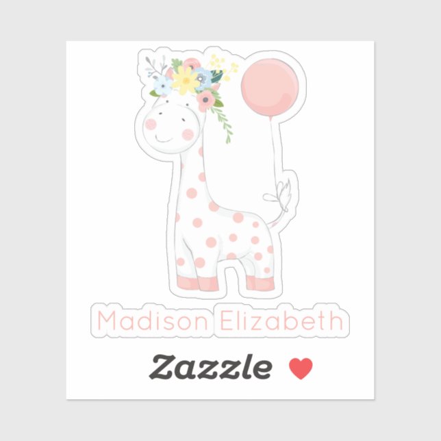 Baby Giraffe With Floral Crown Nursery Custom Name Sticker (Sheet)
