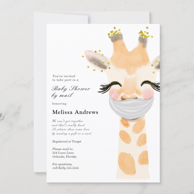 Baby Giraffe with Mask Baby Shower by Mail Invitation (Front)