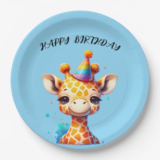baby giraffe with party hat birthday paper plates (Front)