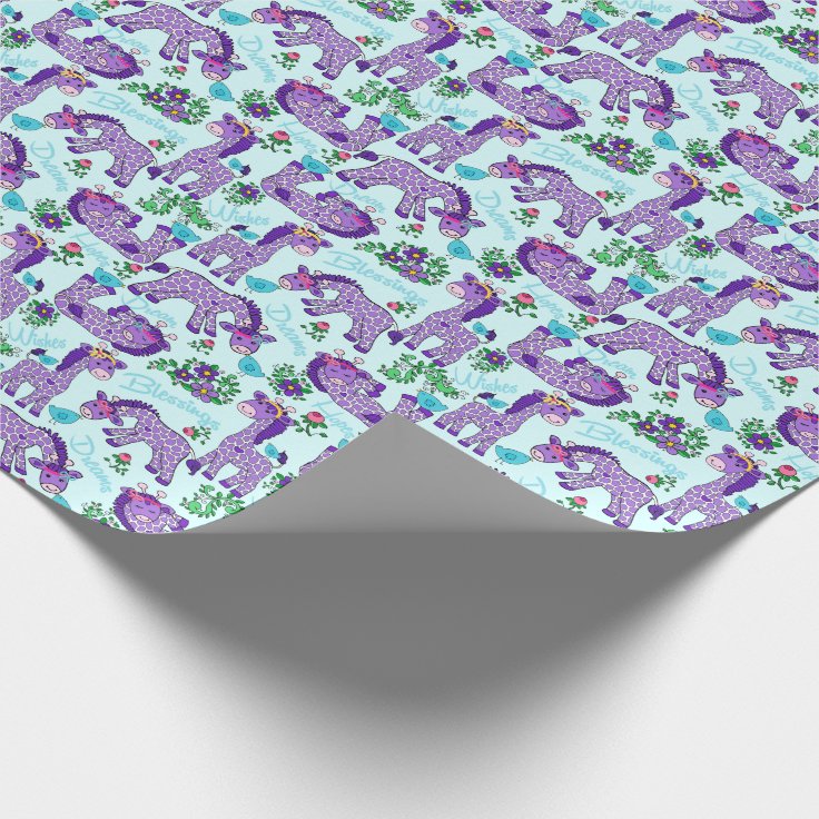 Baby Giraffes Purple Teal Pink Words Gift Wrap Zazzle