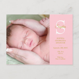 Baby GirI Birth Stats Monogram Photo Thank You Postcard