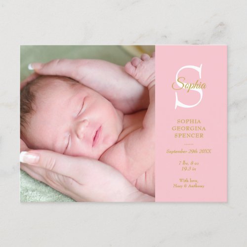 Baby GirI Monogram Photo Birth Stats Thank You Announcement Postcard