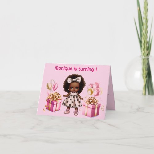 Baby Girl 1st Birthday Dark Skin Curls Pink Invitation