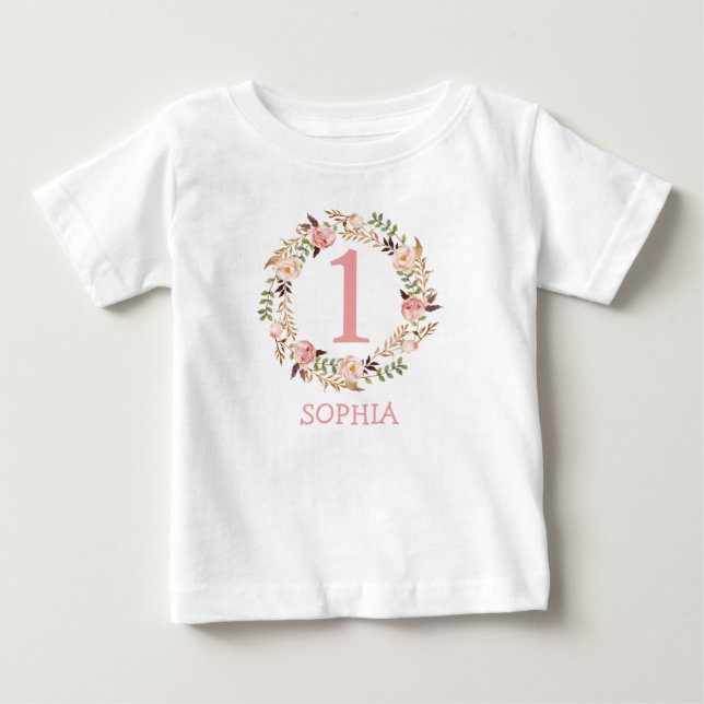 Baby Girl 1st Birthday Floral Outfit T-Shirt (Front)