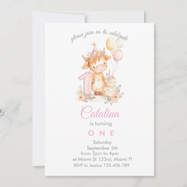 Baby Girl 1st Birthday highland cow Invitation (Front)