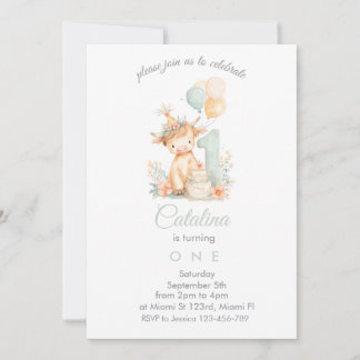 Baby Girl 1st Birthday highland cow Invitation