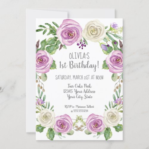 Baby Girl 1st Birthday Lavender Watercolor Floral Invitation