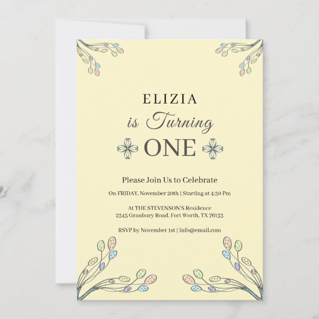 Baby Girl 1st Birthday Lemon Chiffon Retro Floral Invitation (Front)