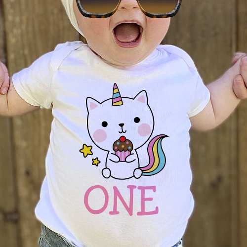 Baby Girl 1st Birthday One Cat Unicorn T_Shirt