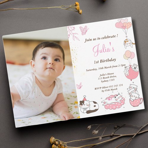 Baby girl 1st birthday photo invitation