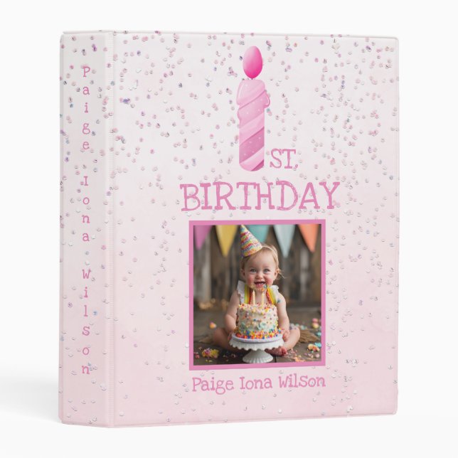 Baby Girl 1st. Birthday Pink Glitter Mini Binder (Front/Spine)