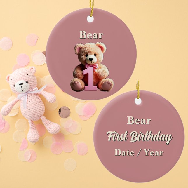 Baby Girl 1st Birthday Pink Teddy Bear Keepsake Ceramic Ornament (Baby girl first birthday keepsake cute teddy bear first birthday name date and special occasion)
