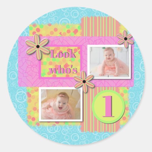 Baby Girl 1st Birthday Pink  Yellow Scrapbooking Classic Round Sticker