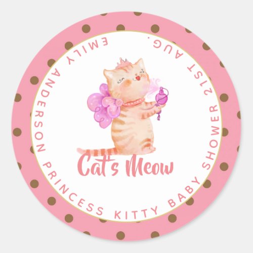 Baby Girl 1st Birthday Shower Princess Cats Thanks Classic Round Sticker