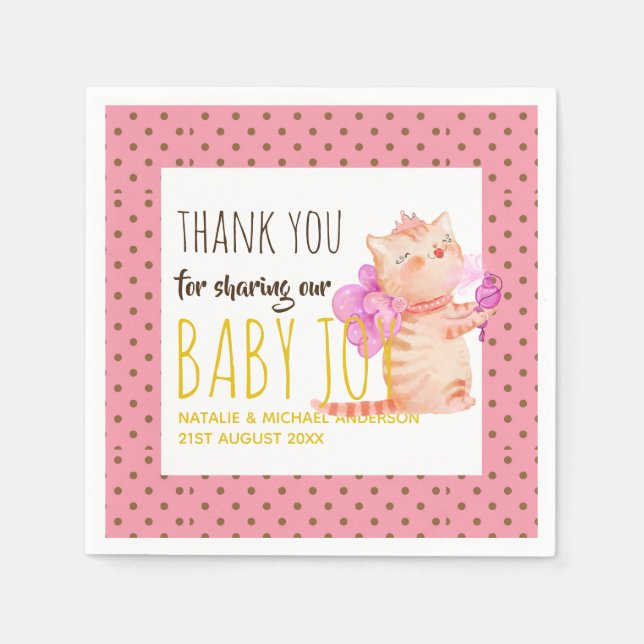 Baby Girl 1st Birthday Shower Princess Cats Thanks Napkins (Front)