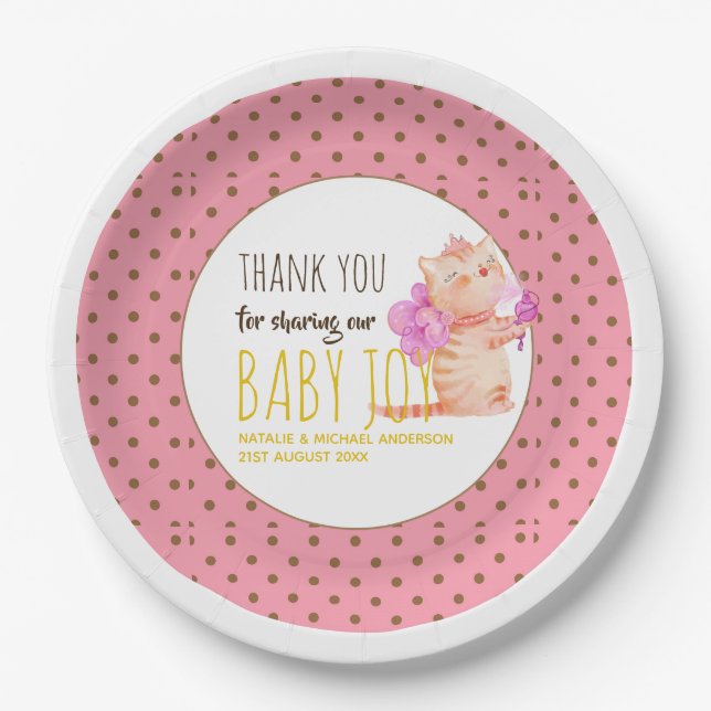 Baby Girl 1st Birthday Shower Princess Cats Thanks Paper Plates (Front)