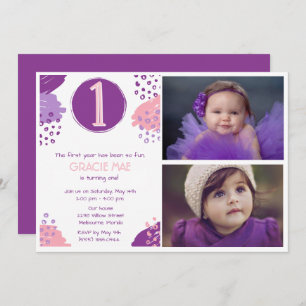 Baby Girl 1st Birthday Two Photo Party Invitation