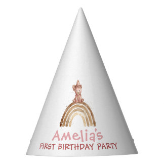 Baby Girl 1st Birthday Watercolor Bear Rainbow Bow Party Hat