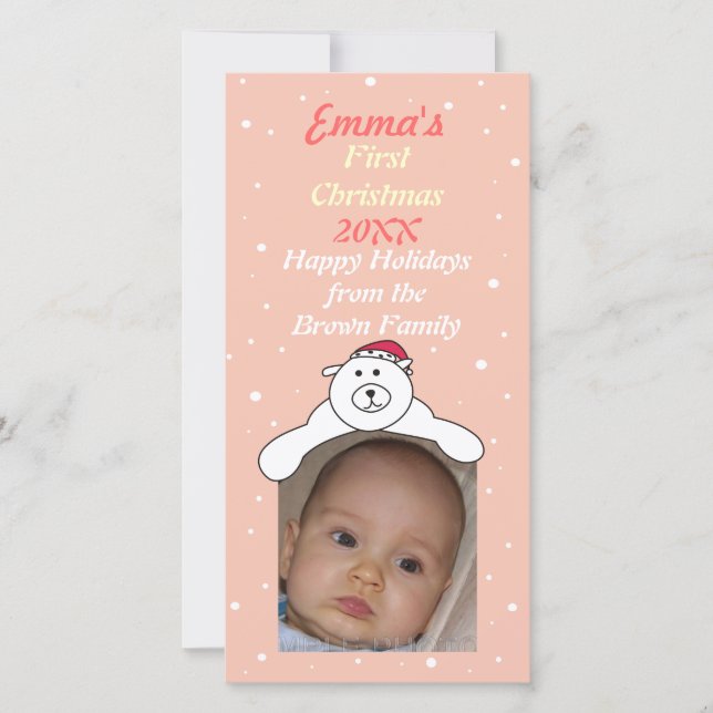 Baby Girl 1st Christmas Cute Polar Bear Photo Card (Front)