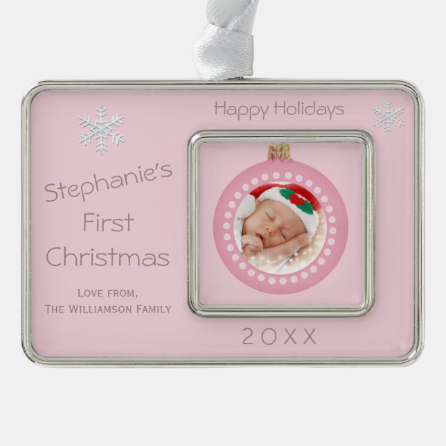 Baby Girl 1st Christmas Holiday Photo Ornament (Front)