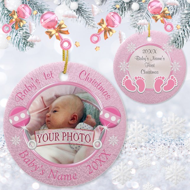 Baby Girl 1st Christmas Ornament YOUR PHOTO 2 TEXT (Baby's First Christmas Ornament. Baby's First Christmas. Pink ornament for baby girl. )