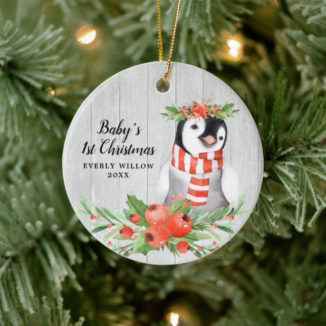 Baby Girl 1st Christmas Personalized Cute Penguin Ceramic Ornament (Tree)