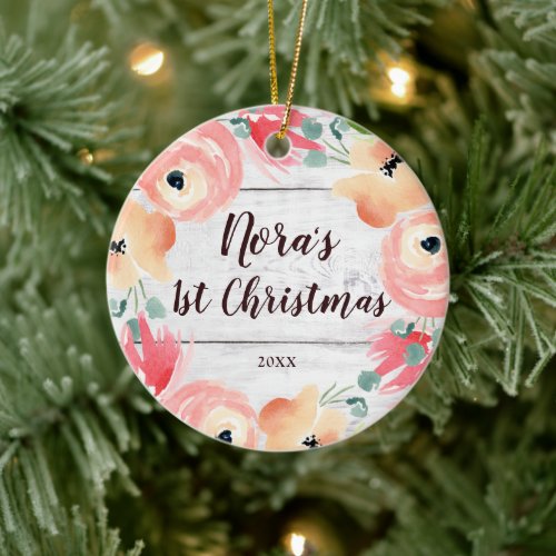 Baby Girl 1st Christmas Personalized Floral Wreath Ceramic Ornament