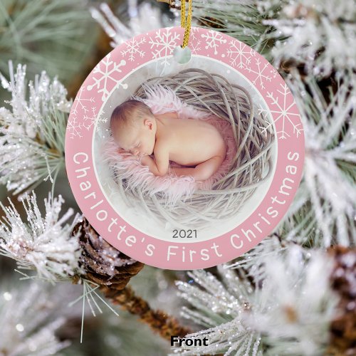 Baby Girl 1st Christmas Photo Snowflakes Pink Ceramic Ornament