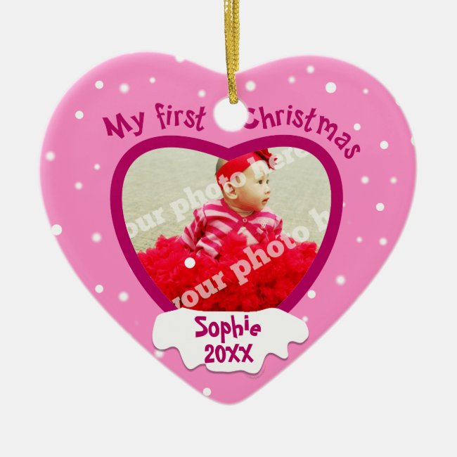 Baby Girl 1st Christmas Pink Photo Heart Ornament