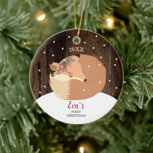 Baby Girl 1st Christmas Woodland Fox Personalized Ceramic Ornament