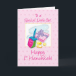 Baby Girl 1st Hanukkah Pink with Dreidel Gift  Card<br><div class="desc">Celebrate with a special little baby girl on her 1st Hanukkah! Gifts of gold coins,  dreidel and presents are in the center. Light pink is the background,  with darker pink dots to match the message.</div>