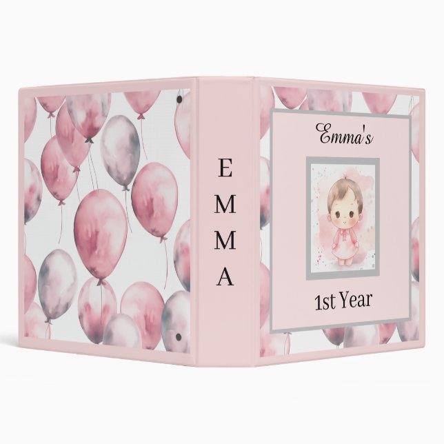 Baby Girl 1st Year Scrapbook Album Pink Balloons 3 Ring Binder (Background)