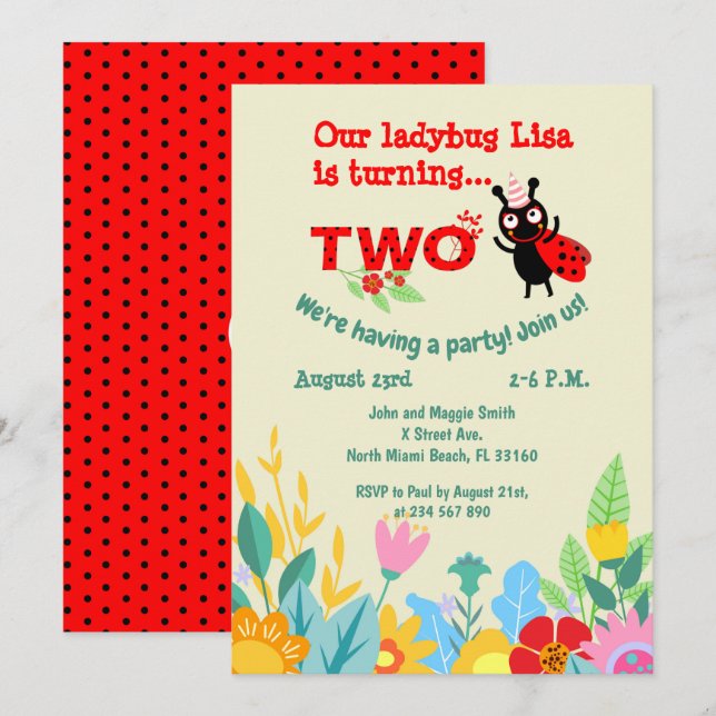 Baby girl 2nd birthday ladybug party  invitation (Front/Back)