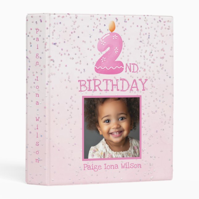 Baby Girl 2nd. Birthday Pink Glitter Mini Binder (Front/Spine)