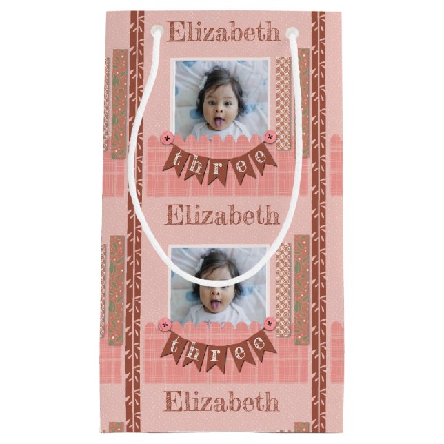 Baby Girl 3rd Birthday Pink Scrapbook Small Gift Bag (Front)