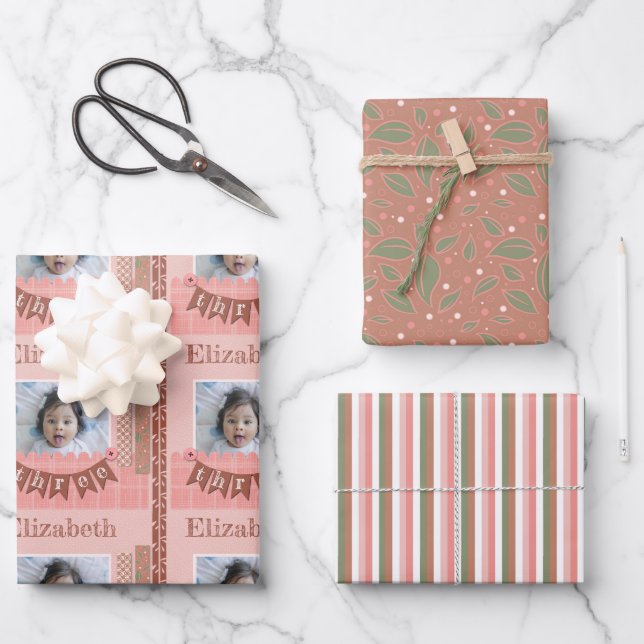Baby Girl 3rd Birthday Pink Scrapbooking Wrapping Paper Sheets (Front)