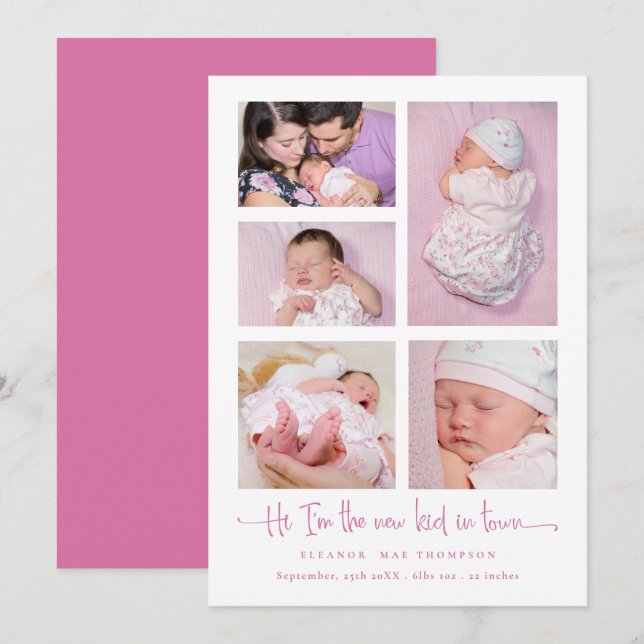 Baby Girl 5 Photo Collage Pink Script Birth Announcement (Front/Back)