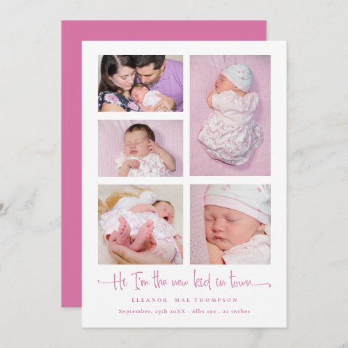 Baby Girl 5 Photo Collage Pink Script Birth Announcement