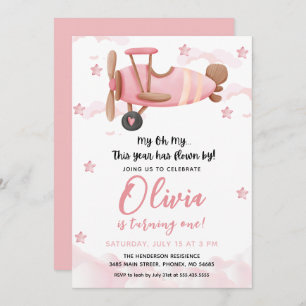 Baby Girl Airplane First Birthday Invitation