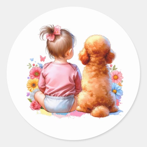 Baby Girl and an Apricot Poodle Classic Round Sticker