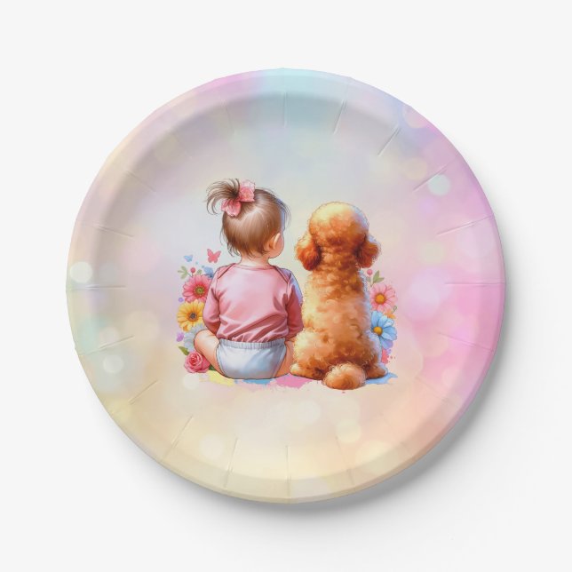 Baby Girl and an Apricot Poodle Paper Plates (Front)