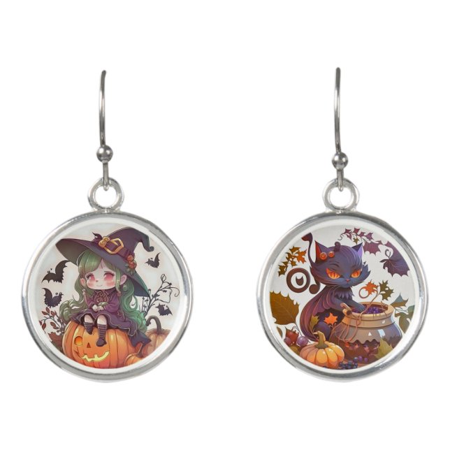 Baby Girl And Cat Witch Pumpkins Bats Halloween Earrings (Front)