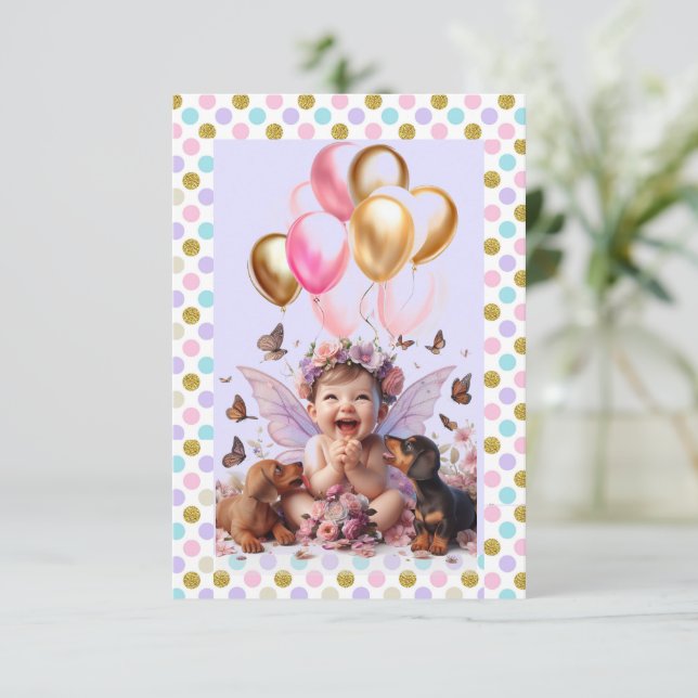 Baby Girl and Dachshunds First Birthday Party Invitation (Standing Front)