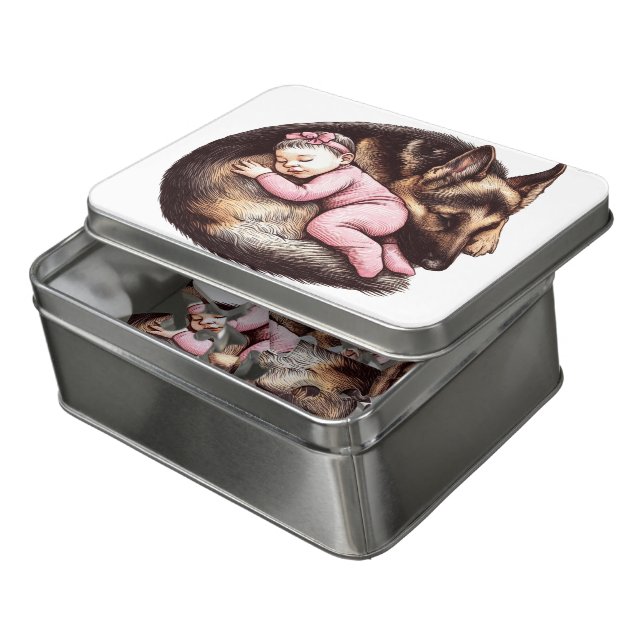Baby Girl and German Shepherd Jigsaw Puzzle (Lid Open)
