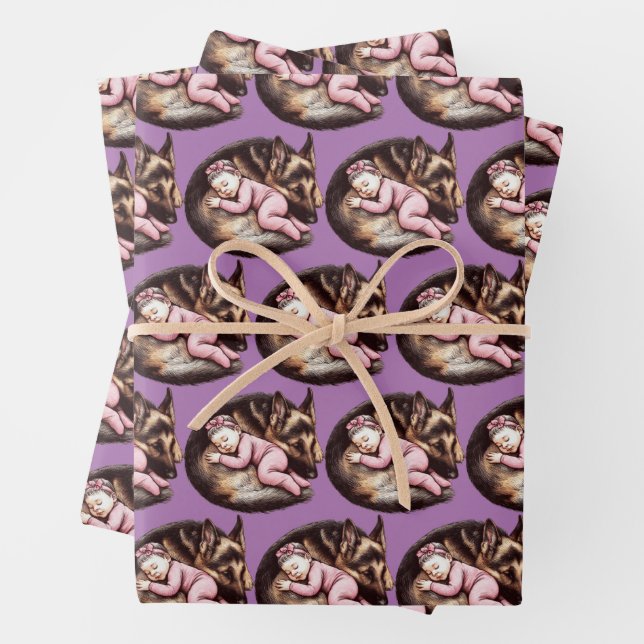 Baby Girl and German Shepherd Wrapping Paper Sheets (In situ)
